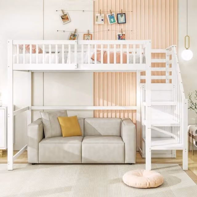 Letto a soppalco per bambini 90x200 in legno bianco con scala, sponde alte e armadio sotto la scala