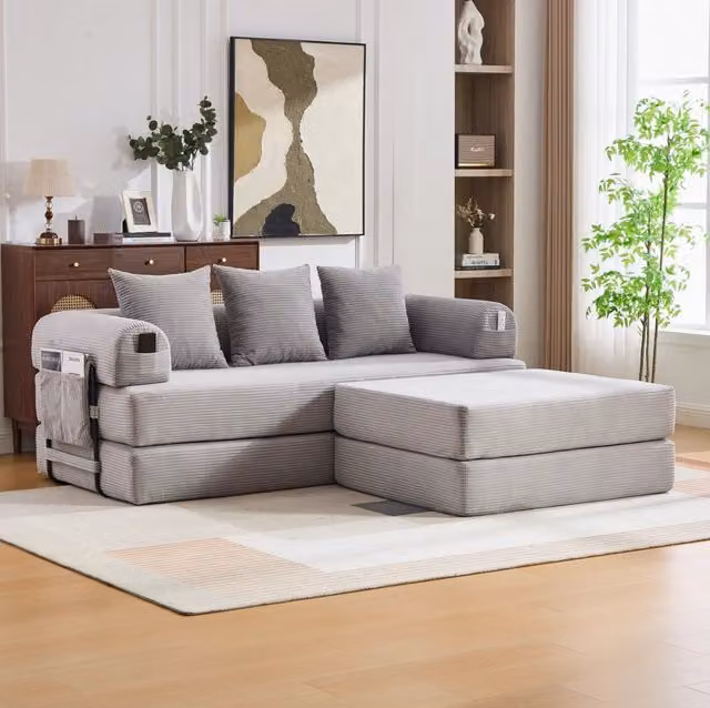 Divano modulare 200x190x67 cm in velluto a coste grigio chiaro con pouf –