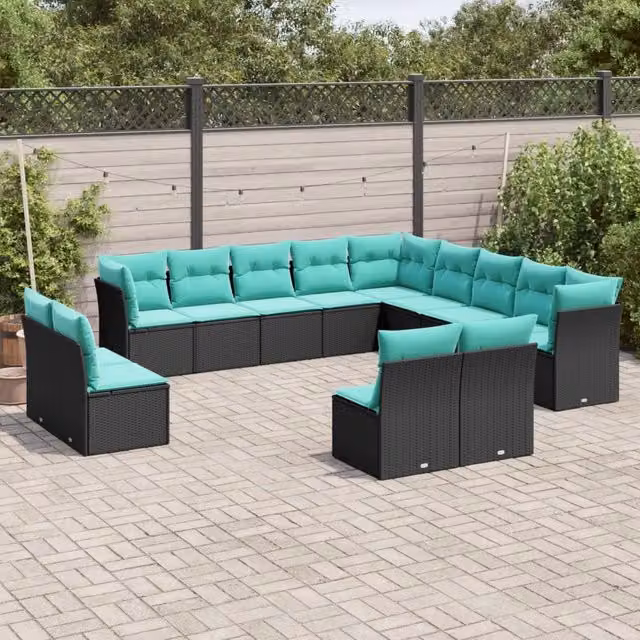 Set di Divani da Giardino a Forma di U con Cuscini vidaXL, Polyrattan Nero e Blu con Struttura in Acciaio Verniciato a Polvere