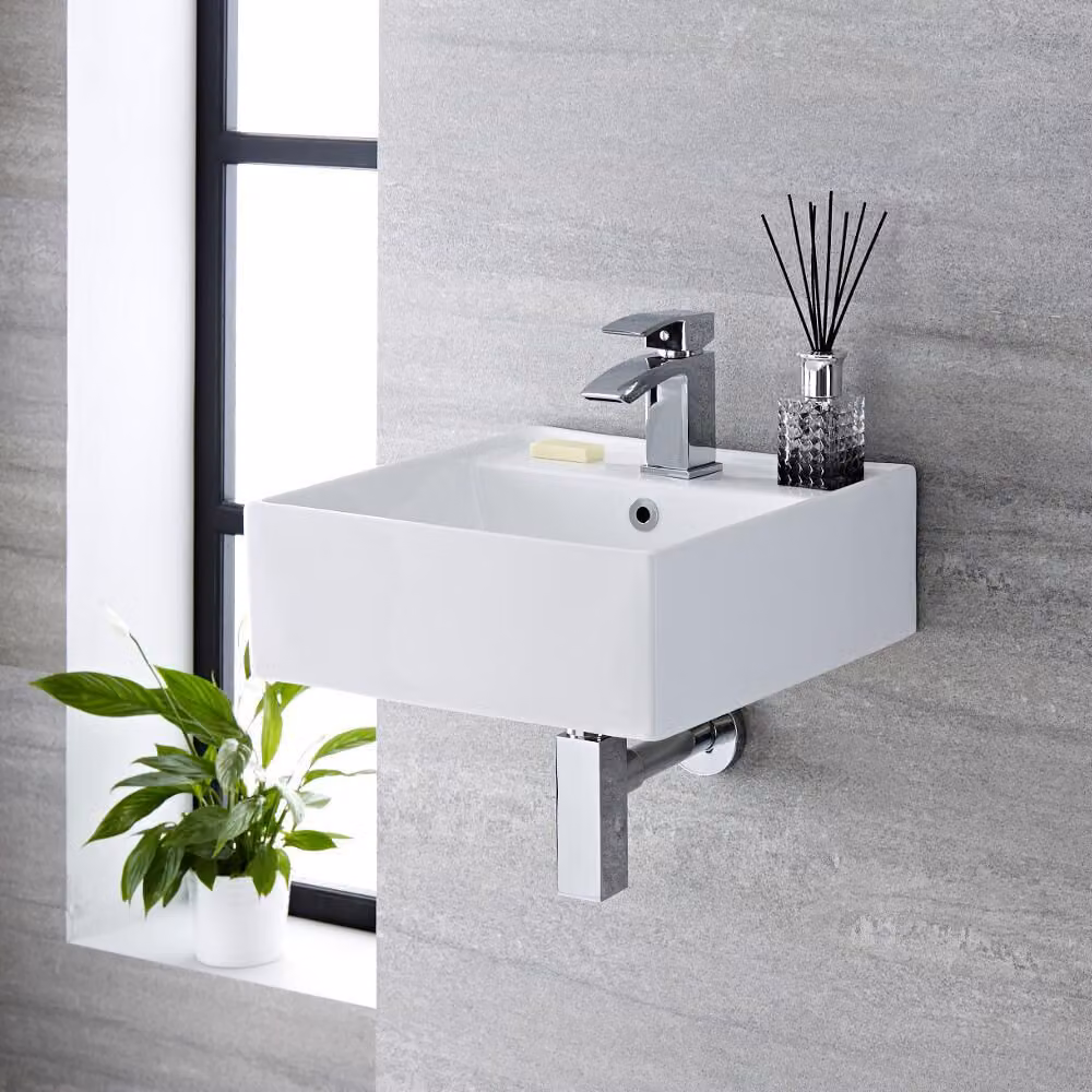 Lavabo Moderno Sospeso Bianco - 400mm x 400mm con Anello di Troppopieno  Bianco (Chalk) - Halwell