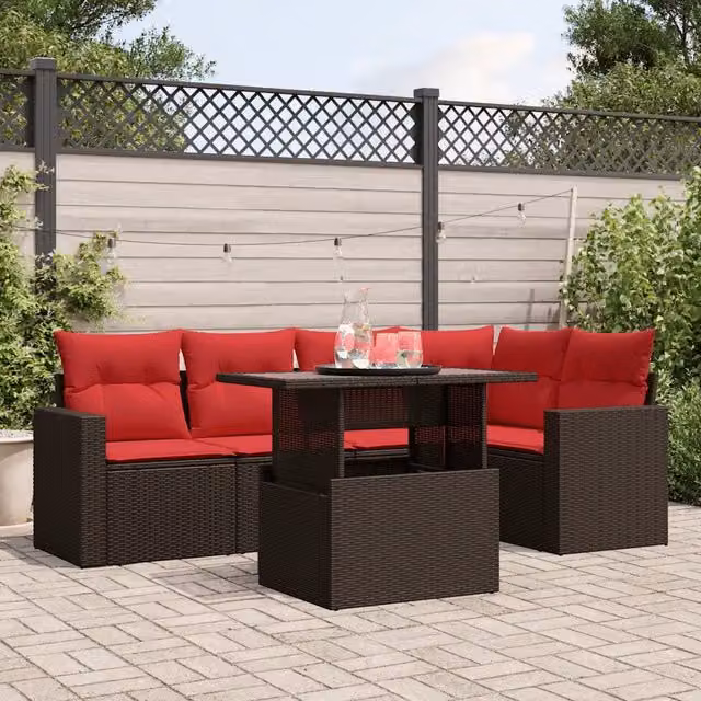 Set Divani da Giardino 6 pz con Cuscini Marrone in Polyrattan 3267264