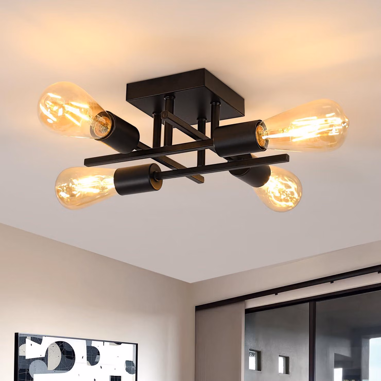 Lampada a soffitto industriale, nera, stile vintage, con 4 luci a LED