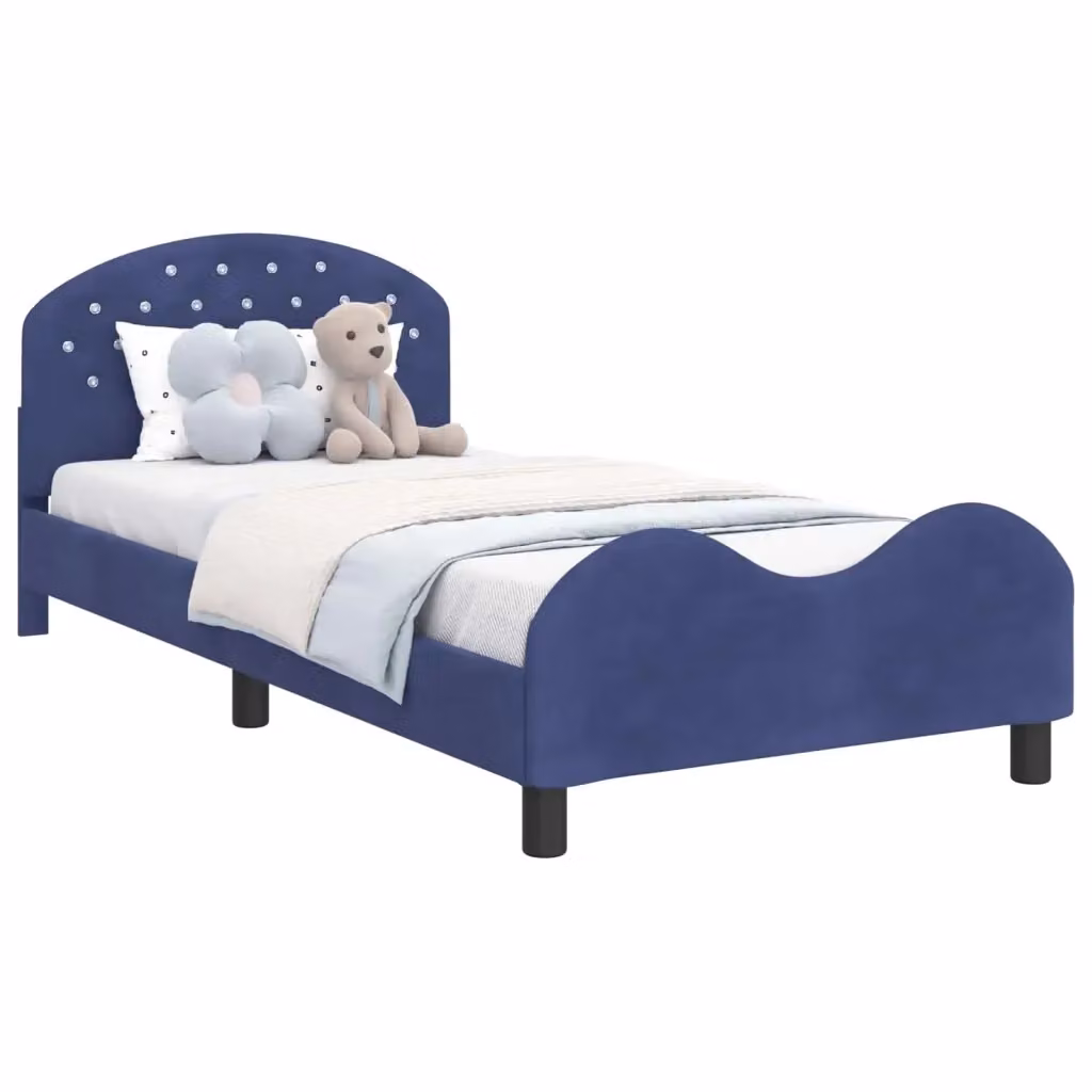 Struttura letto per bambini in velluto blu con testata e giroletto in legno, L/P/H: 90 x 190 x 94 cm – 2