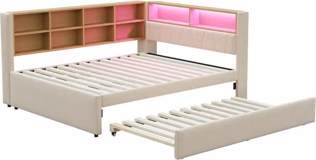 Letto matrimoniale estraibile Chicfurn con LED, porte USB e Type-C, vani portaoggetti e struttura imbottita, beige, L/P/H: 213 x 140 x 153 cm (letto principale) e 190 x 90 cm (letto estraibile) – 1