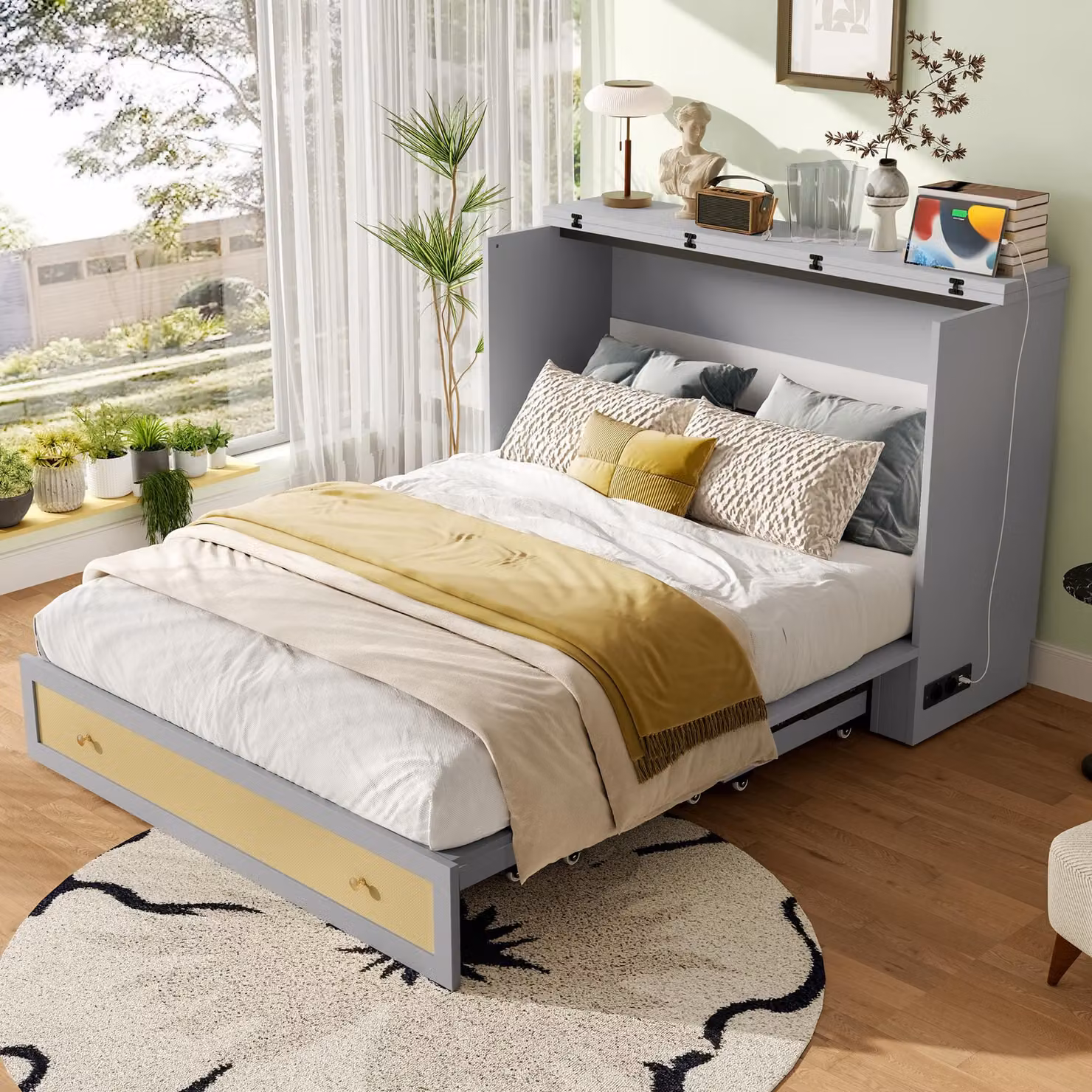 MODFU letto matrimoniale 140x200 con ampio spazio di archiviazione e scaffale, senza materasso, struttura letto con USB e presa, letto per ragazzi con piattaforma trasformabile, letto mobile in legno, grigio