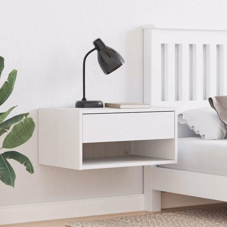 Set di 2 comodini vidaXL in legno di pino massello bianco, modello a parete, L 50 cm x P 32,5 cm x H 24 cm