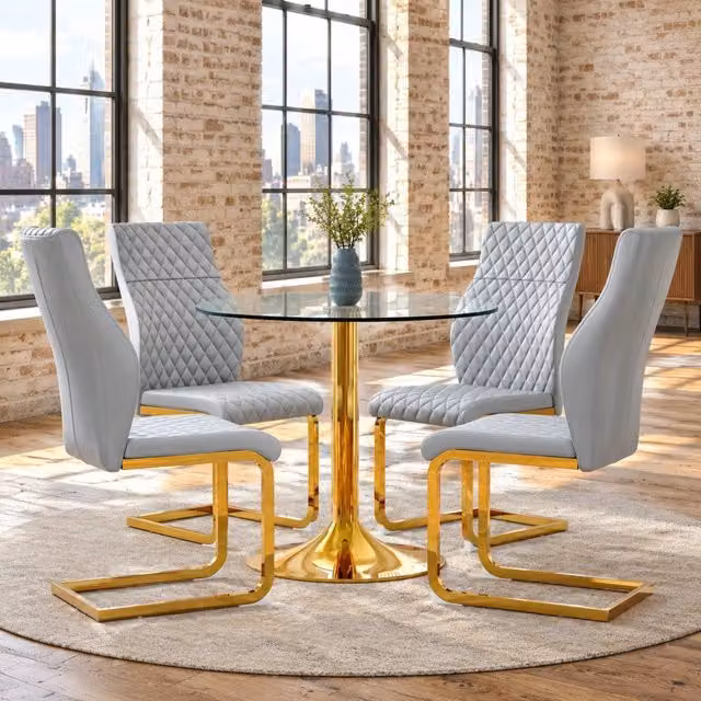 Set Sala da Pranzo con Tavolo Rotondo in Vetro Temperato Ø85 cm e 4 Sedie Premium Grigio Chiaro con Struttura Dorata