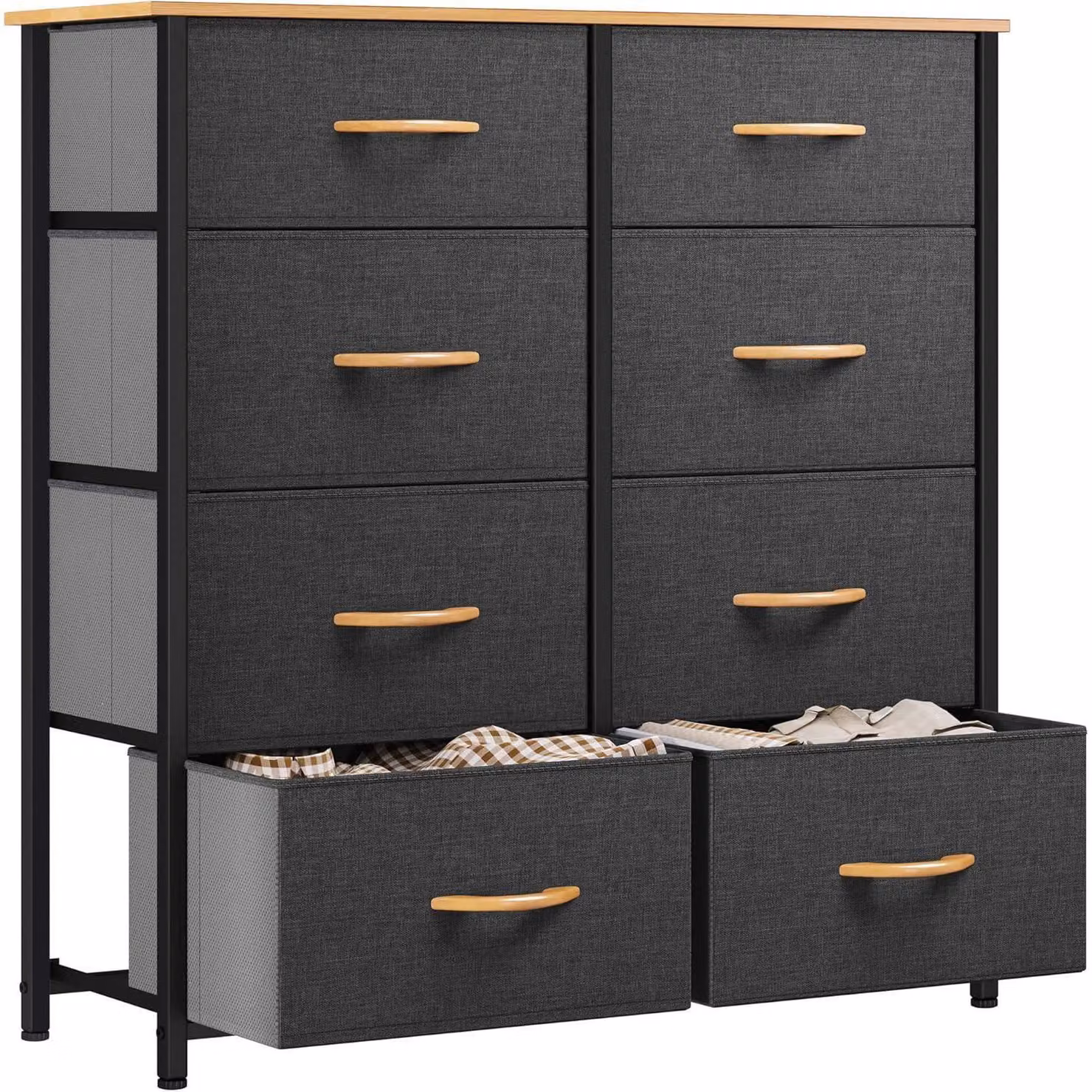 Comodino con 8 cassetti rivestiti in tessuto, struttura in metallo, piano in legno, colore grigio scuro, dimensioni 86x30x90 cm