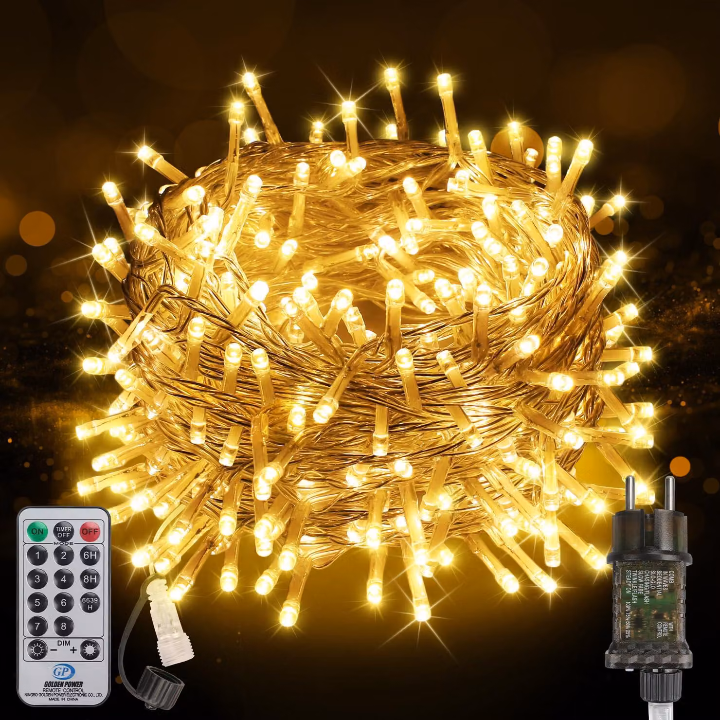 Catena luminosa a LED, 20 metri, 200 LED, luce bianco caldo, dimmerabile, grado di protezione IP65, 8 modalità
