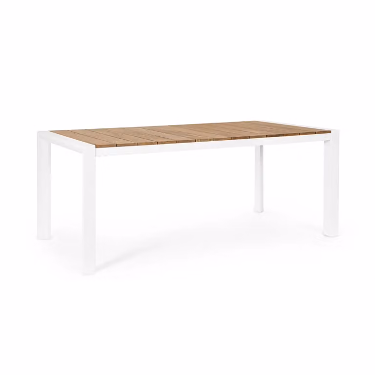 Tavolo da giardino CAMERON con piano in teak e struttura in alluminio bianco, 180×90 cm