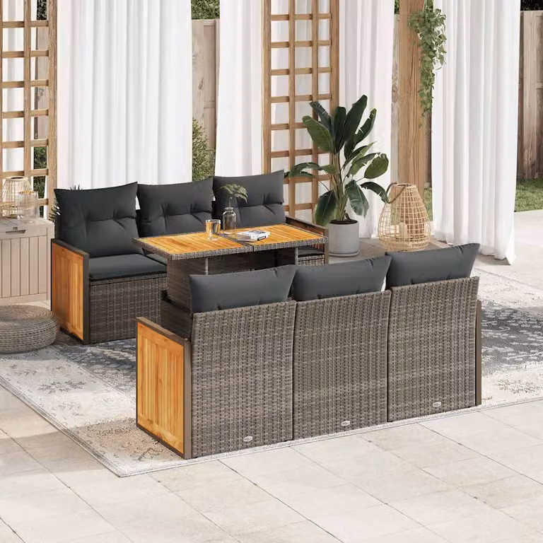 Set Divani da Giardino vidaXL 7pz a Forma di L in Polyrattan e Legno di Acacia con Cuscini Grigio