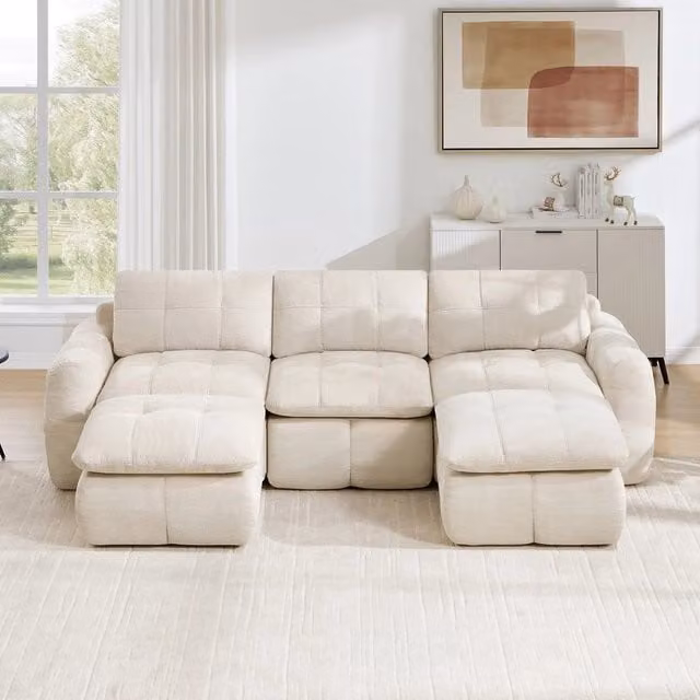 Divano 3 posti a U modulare ¨C Minimal ¨C Beige tessuto chenille 2 poggiapiedi