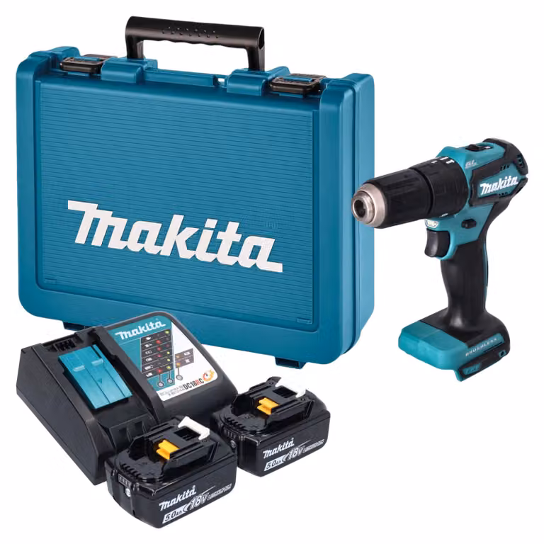 Avvitatore a percussione a batteria Makita DHP 483 RTE 18 V 40 Nm brushless + 2 batterie da 5,0 Ah + caricabatterie + valigetta