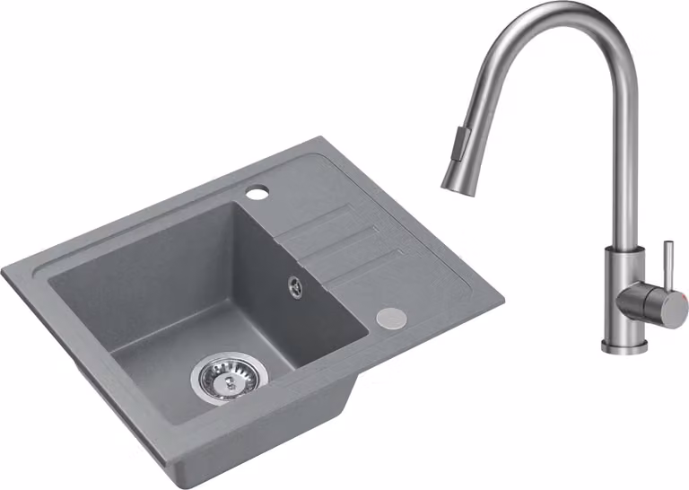 VBChome Lavello Granito Grigio con Rubinetto 55 x 44 cm Lavello da Incasso a Vasca Singola Specchiato Reversibile Lavello Sifone Rubinetto Inox