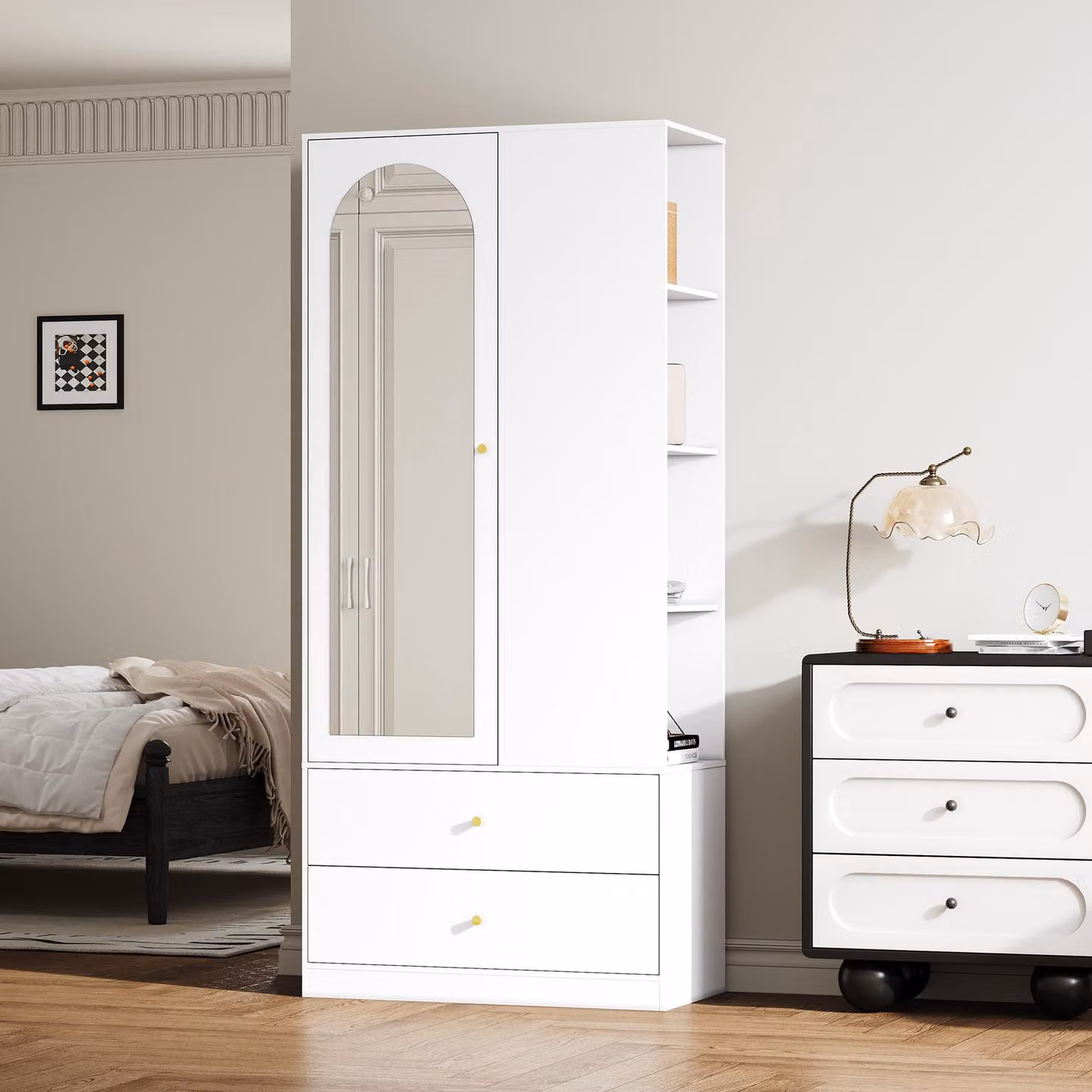 Armadio a battente Merax, con specchio, 2 cassetti e 4 ripiani interni, ideale per l'ingresso o la camera da letto, dimensioni 80x40x180 cm, colore bianco
