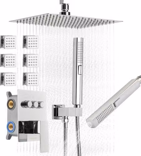 Set Doccia a Pioggia VEVOR in Acciaio Inox Cromato con 6 Getti Laterali, Doccetta e Soffione Girevole a 3 Funzioni, Diametro: 25,4 cm