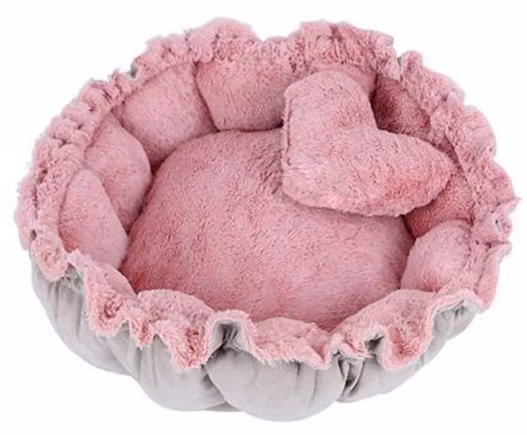 Cuccia e tappetino per cani e gatti di piccola taglia, colore rosa, forma rotonda, materiale: velluto/satin in poliestere, con funzione di apertura