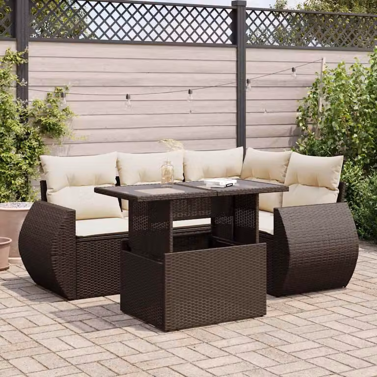 Set Divano da Giardino vidaXL 5 pz a L con Cuscini Marrone e Bianco in Polyrattan e Metallo
