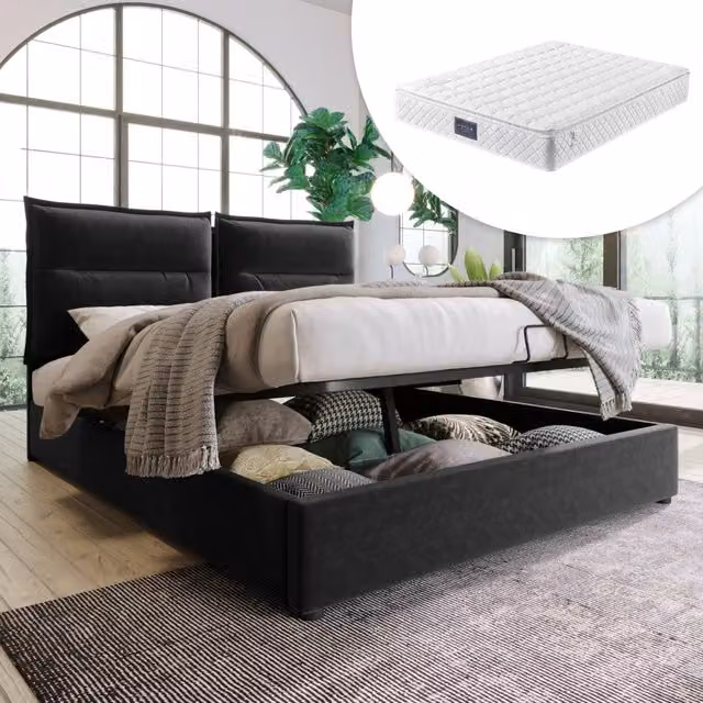 Letto imbottito con contenitore idraulico e testiera regolabile, 140x200 cm, velluto nero