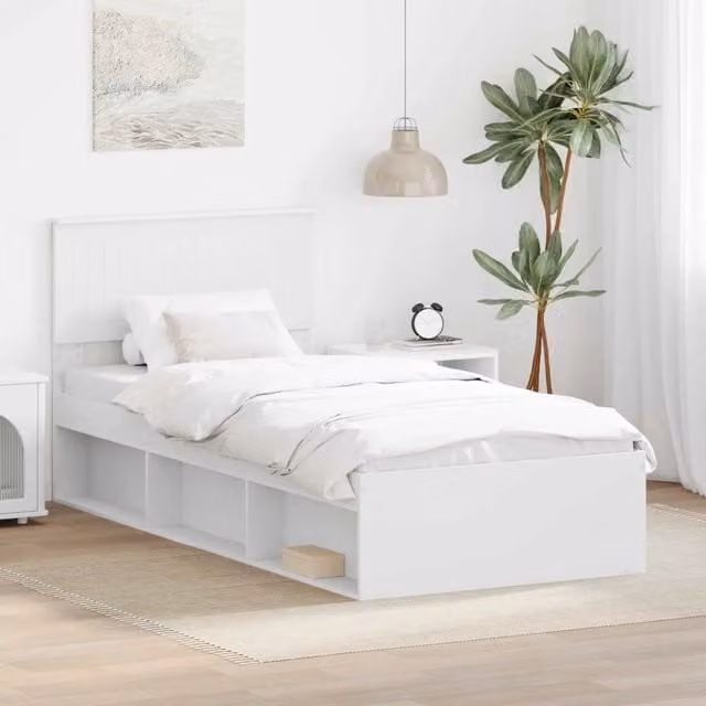 Struttura letto con giroletto e rete in pino massello bianco L/P/H: 90 x 190 cm