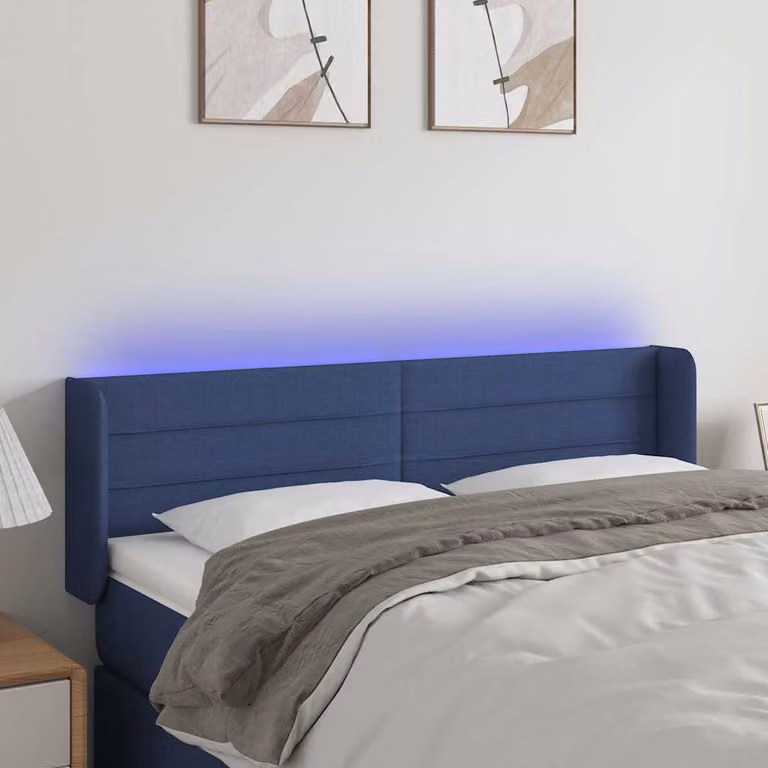 Testiera per letto vidaXL in tessuto blu con illuminazione LED e porta di ricarica USB, L 147 x P 16 x H 78/88 cm