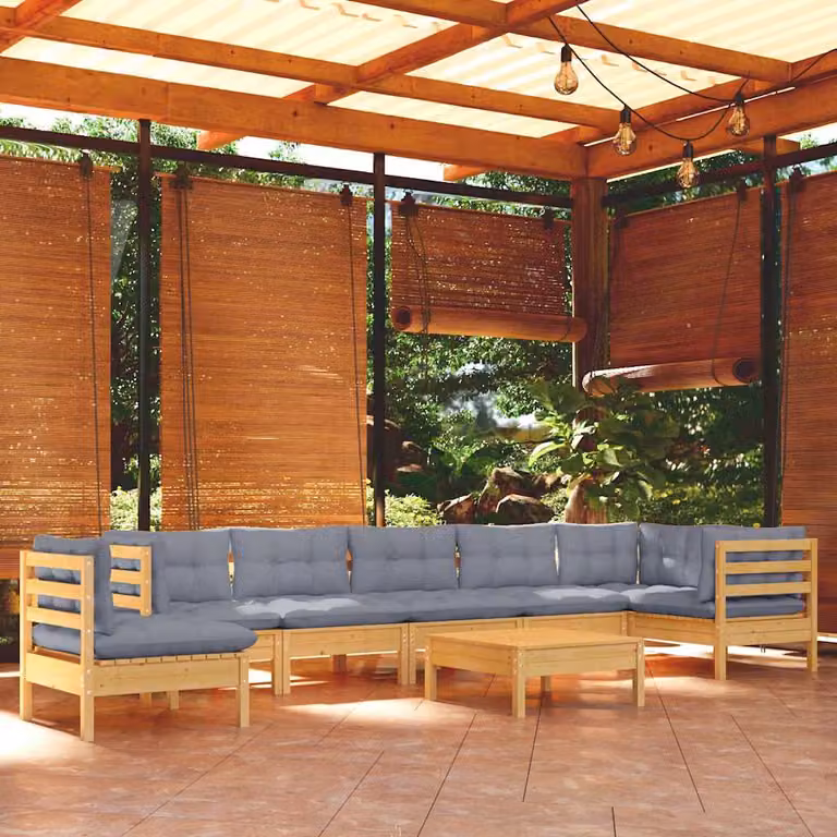 Set di Divani da Giardino vidaXL 9 pz in Legno di Pino con Cuscini Grigi a Forma di L