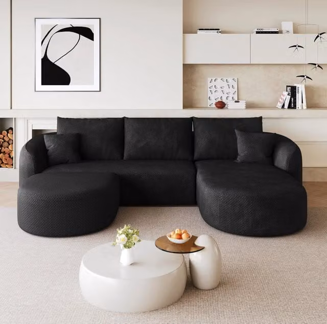 Divano angolare modulare a U 266x168x85 cm in tessuto nero; senza montaggio