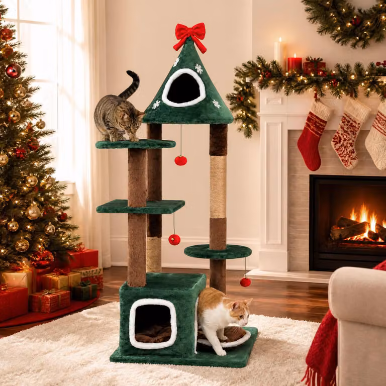 COSTWAY, tiragraffi per gatti, 137 cm, ideale per Natale, con 2 rifugi, 3 piattaforme, pali da graffio, 3 palline in peluche e cuscino rimovibile. Tiragraffi per gatti, torre per gatti
