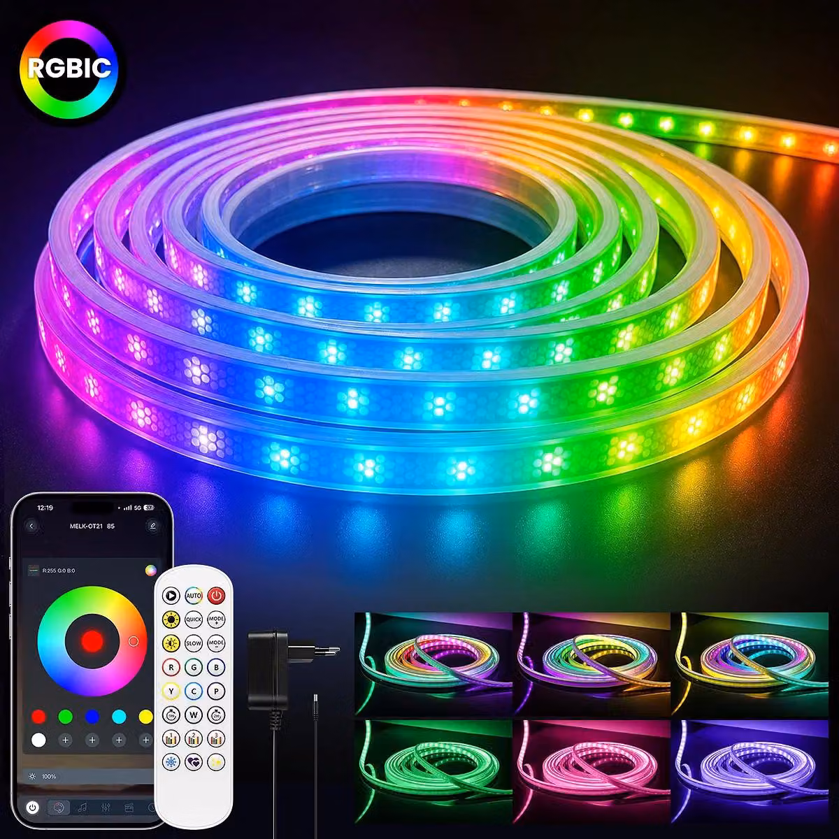 Striscia LED RGBIC neon intelligente - 5 metri - Controllo tramite app e telecomando - Sincronizzazione con la musica - Flessibile - Impermeabile - Senza sfarfallio - Spina EU