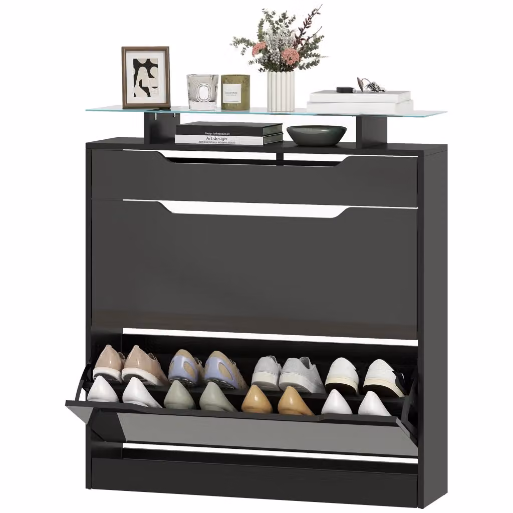 Armadio per scarpe Minimal nero con cassetti e ripiani in vetro L: 89 cm, P: 23 cm, H: 96 cm – 2