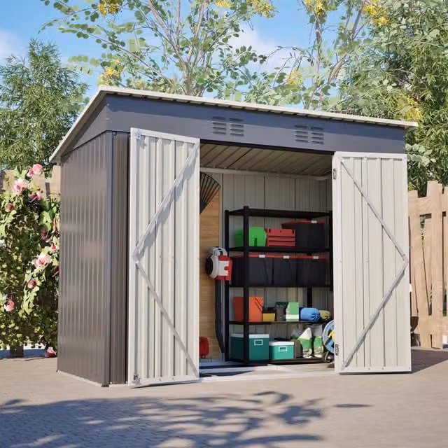 Casetta da giardino con porta con serratura e 2 griglie di aerazione in acciaio zincato grigio 242 × 126 × 182 cm
