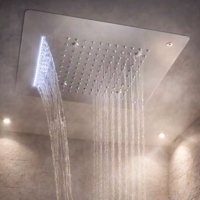 Soffione doccia led a soffitto installazione da incasso con cascata acciaio inox quadro