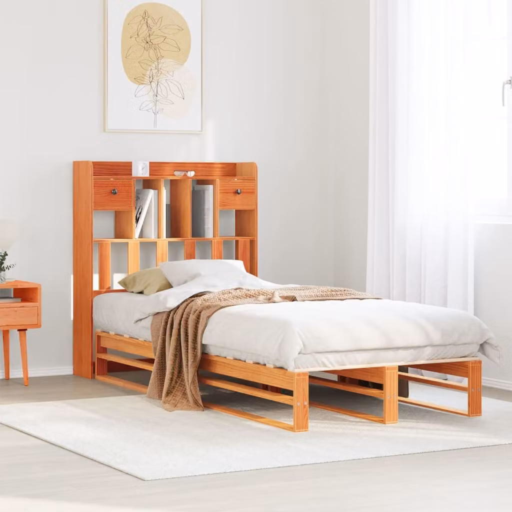 Letto libreria vidaXL in legno di pino massiccio marrone cera con ripiani laterali L: 75 cm, P: 190 cm, H: 110 cm