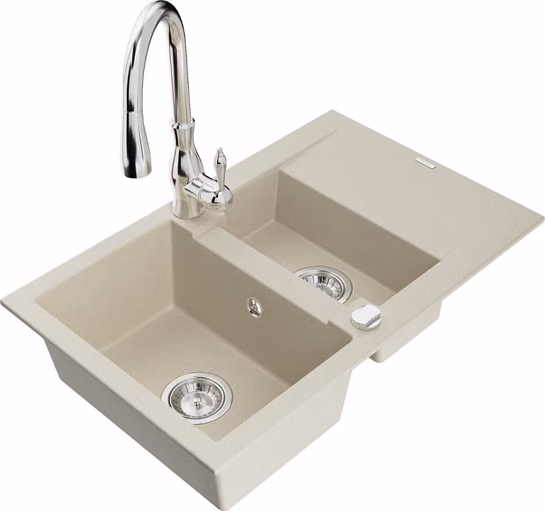 Mexen Gaspar lavello in granito 1,5 vasche con scolapiatti e rubinetto cucina Savita, beige - 6507-69-672601-00