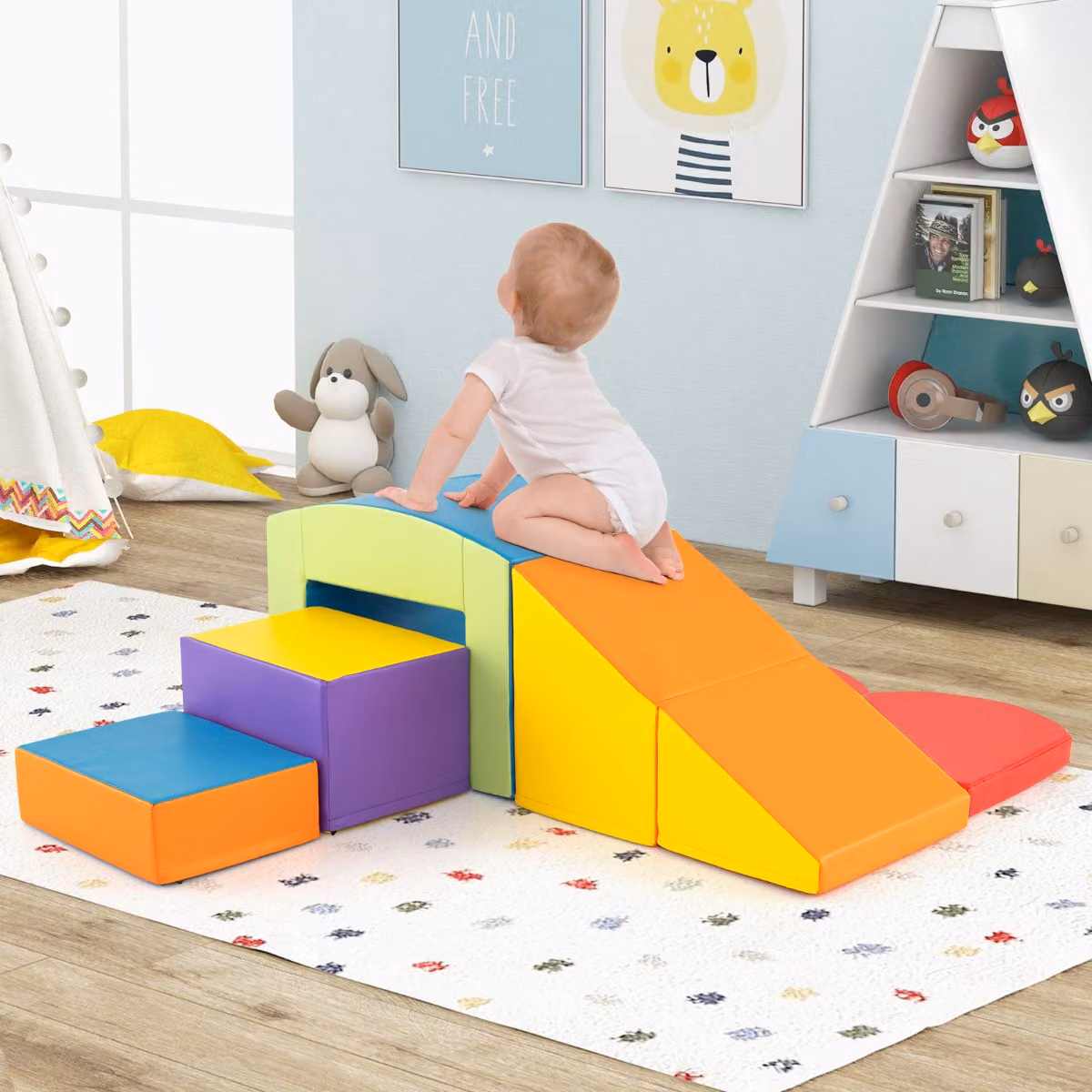 Set di 6 blocchi in schiuma colorati Costway con tunnel per arrampicata e gioco creativo per bambini