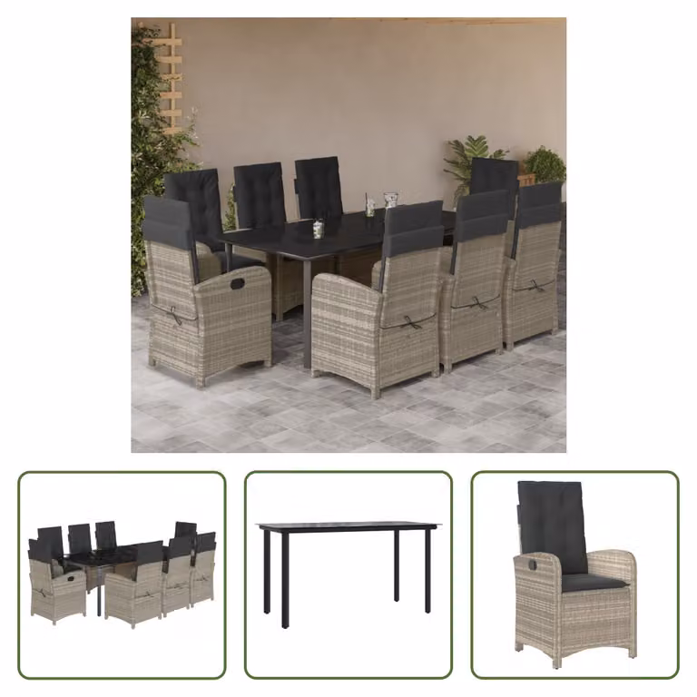The Living Store Set da pranzo da giardino 9 pezzi con cuscini in poly rattan grigio chiaro