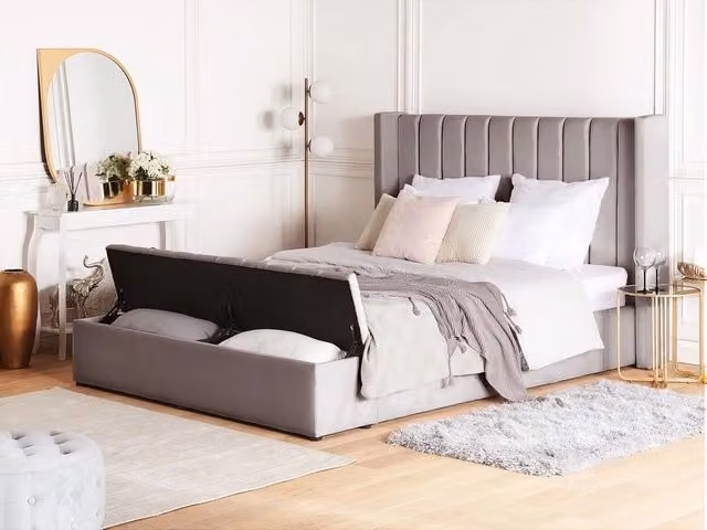 Letto Beliani in velluto grigio con contenitore e stile glamour L/P: 140 x 200 cm