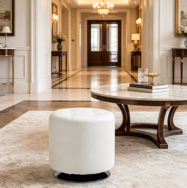 Pouf poggiapiedi ULEVR girevole a 360¡ã ? 45,5 cm, imbottito in PU bianco con base in acciaio