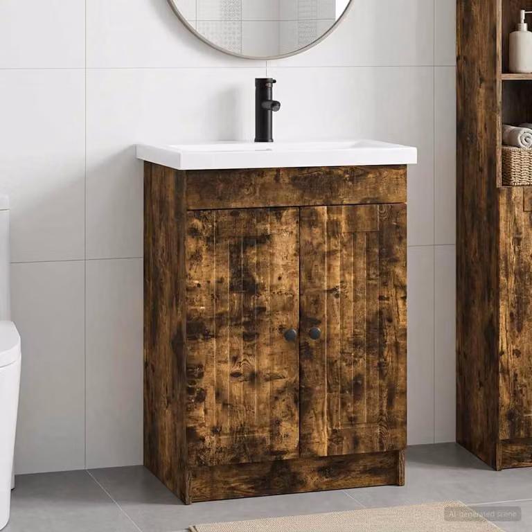 Set di mobili per il bagno moderno vidaXL in legno e metallo, colore rovere fumo, L: 56 cm, P: 37,5 cm, H: 81 cm