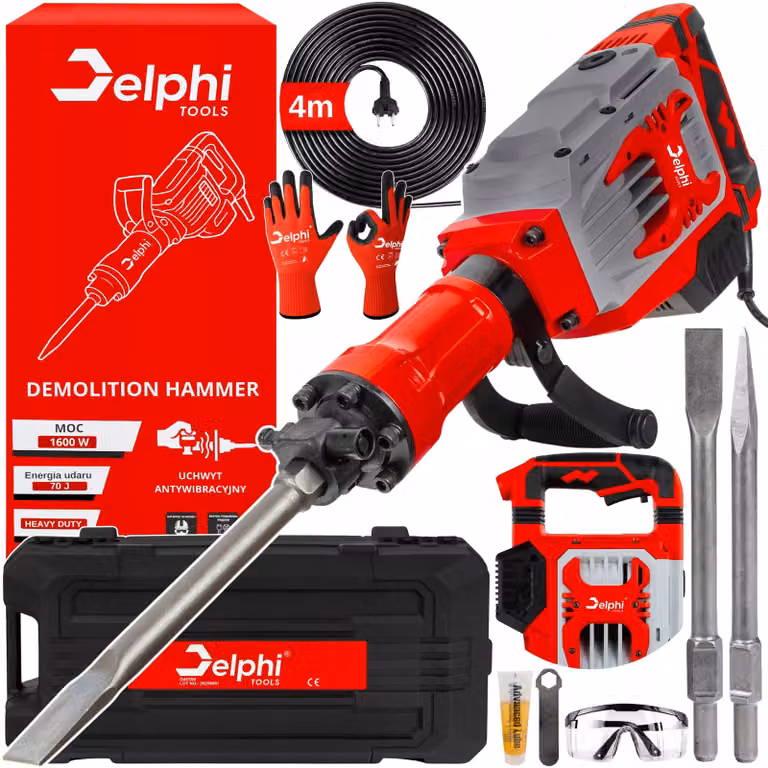Delphi - Martello demolitore - Martello perforatore - Martello scalpellatore - Utensile da demolizione - 1600 W - Energia di percussione 70 J