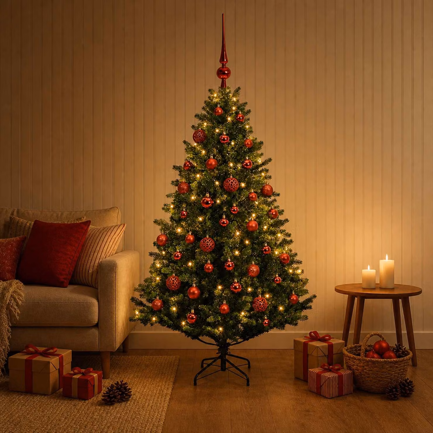 Albero di Natale artificiale con decorazioni a sfera, altezza 150 cm, 150 luci LED