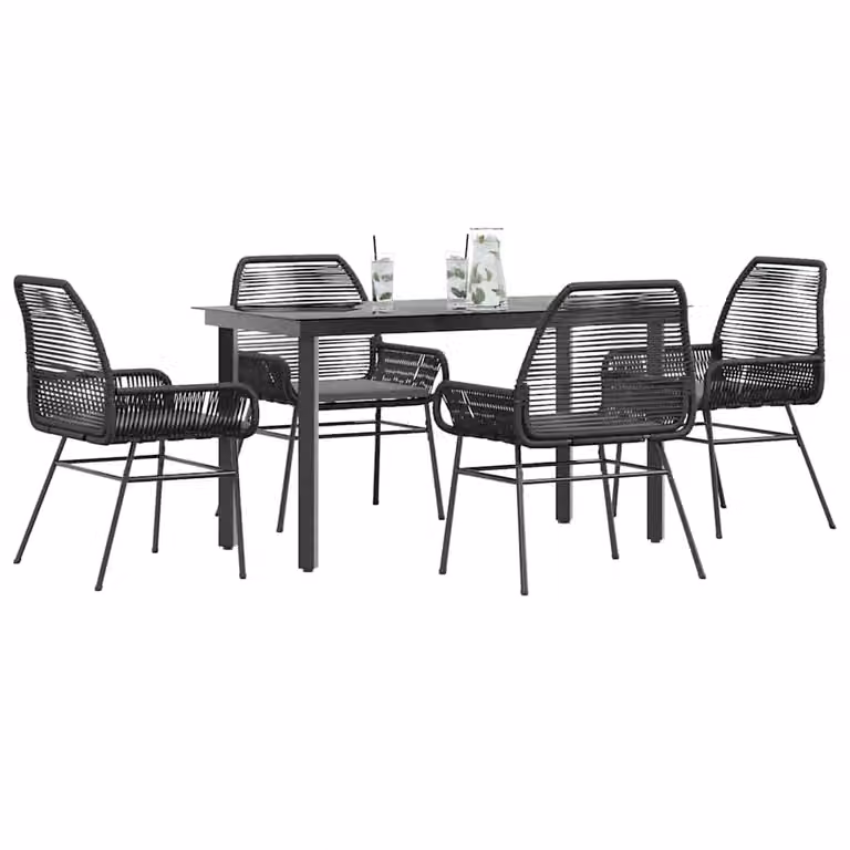 Set da pranzo da giardino vidaXL in polyrattan con tavolo in vetro e 5 cuscini, grigio e nero