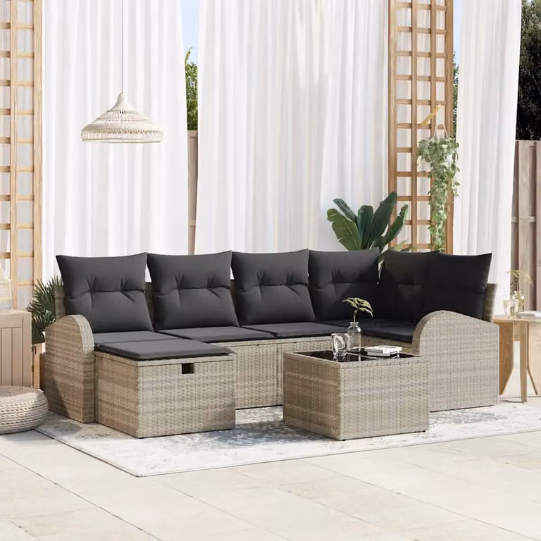 Set di divani da giardino vidaXL in polyrattan grigio chiaro con cuscini inclusi