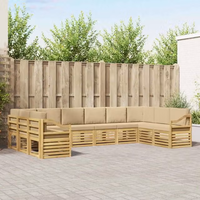 Set di divani da esterno a L vidaXL in legno di acacia con cuscini bianchi e beige