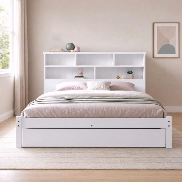 Letto matrimoniale 140x200 cm con testiera libreria e cassetti; bianco