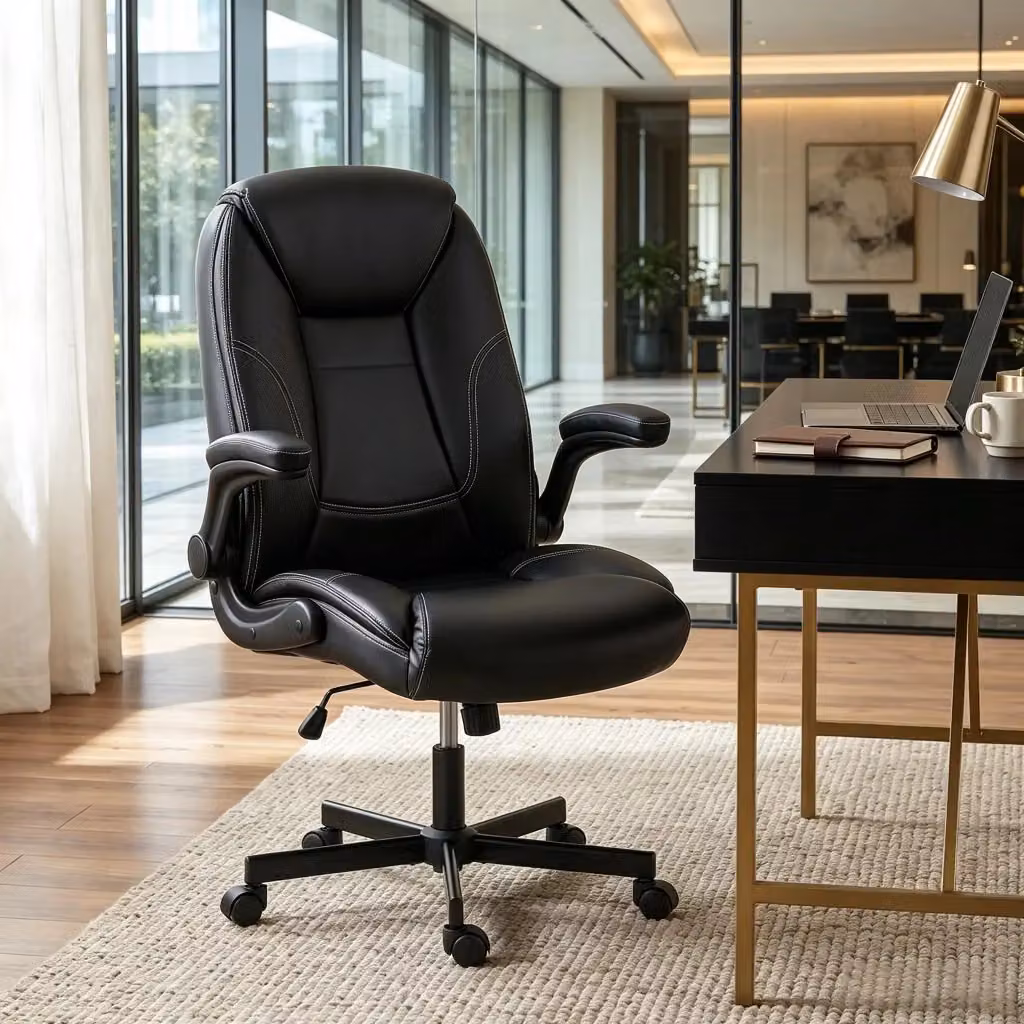 Sedia da ufficio ergonomica REDOM nera con braccioli ribaltabili e rivestimento in similpelle, L/P/H: 69,5 x 77 x 106-116 cm – 2