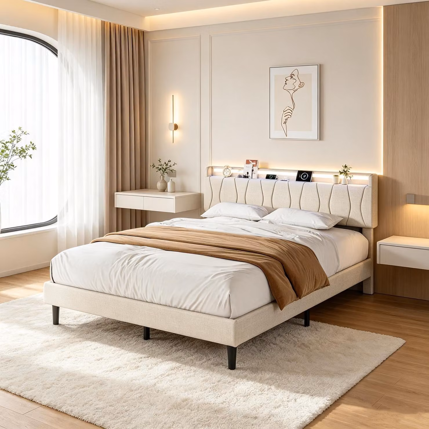 Letto matrimoniale con boxspring, imbottito, 140x200 cm, con luci LED e base di ricarica. Letto con spazio contenitore sotto la struttura, ideale per ragazzi. Struttura del letto con rete a doghe, disponibile nei colori lino e beige