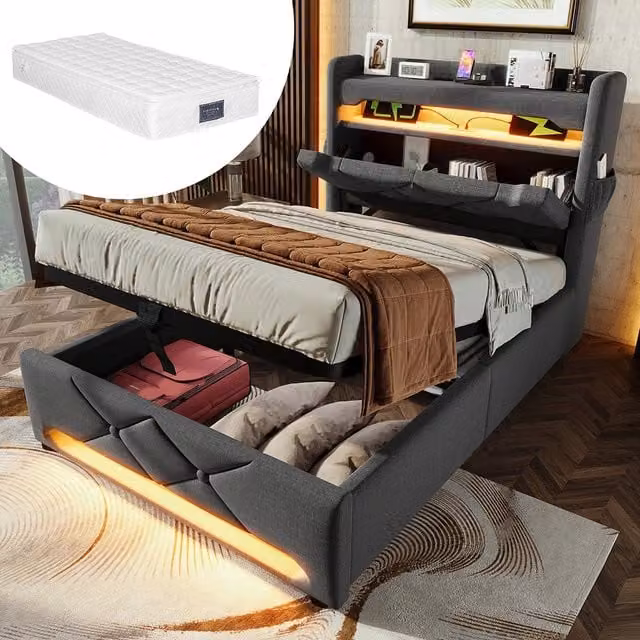 Letto singolo-Xylo-90x200 cm-LED 360°, USB-C, idraulico, con materasso, grigio