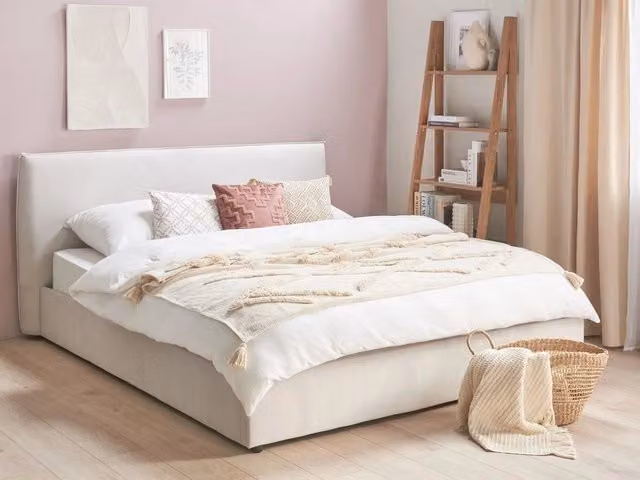 Letto King Size Beliani con contenitore e testata classica in velluto bianco, L/P/H: 180 x 200 x 102 cm – 1
