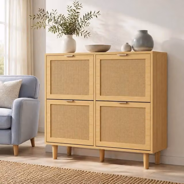 Mobile portascarpe ULEVR 100x25x90 cm con ante in rattan e ripiani regolabili, rovere chiaro